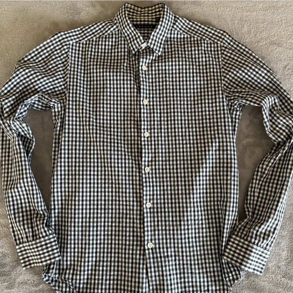 Theory Men's Plaid Button Down Shirt - green, navy and White gingham XS